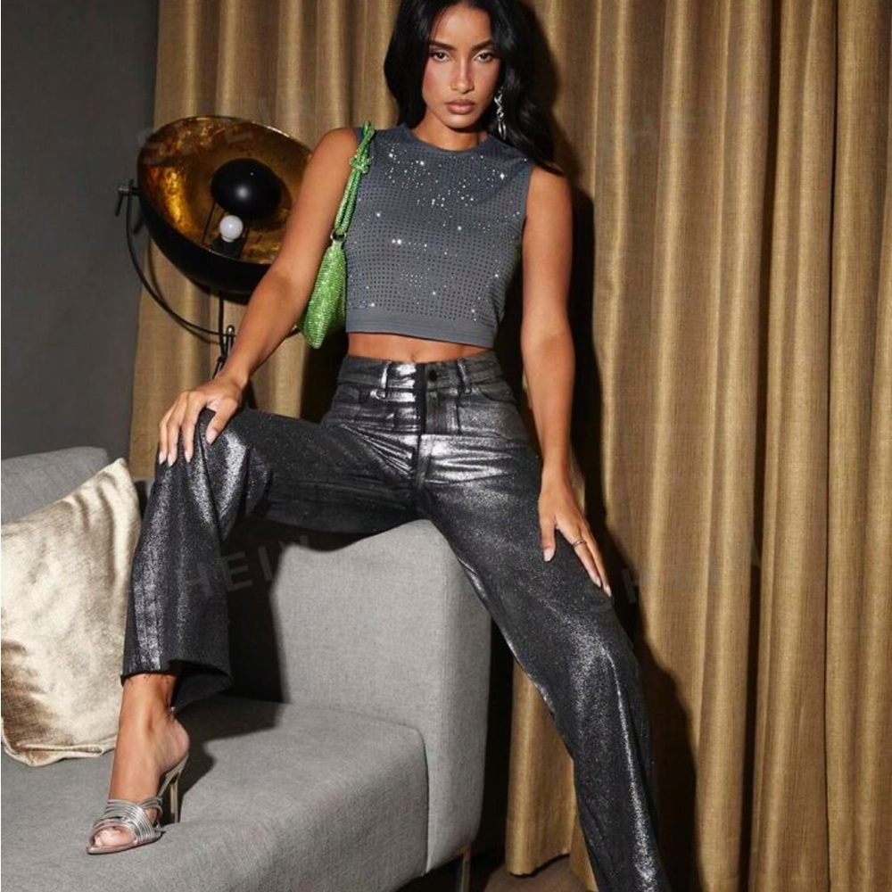 Deep Gray Delicate Rhinestone Detail Tank Top, Suitable For Street Wear